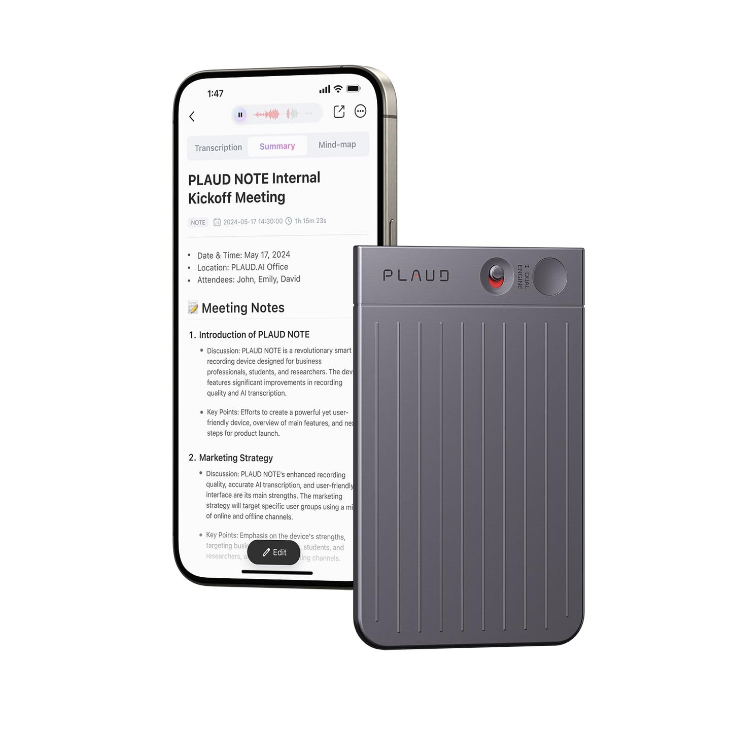 AI Voice Recorder PLAUD Note Voice Recorder w/Case App Control Transcribe & Summarize with AI Technology Support 112 Languages 64GB Memory Audio Recorder for Lectures Meetings Calls Black